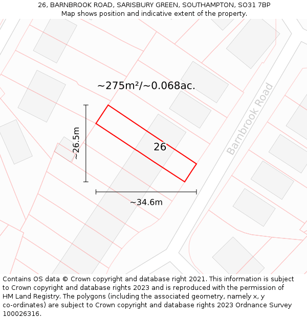 26, BARNBROOK ROAD, SARISBURY GREEN, SOUTHAMPTON, SO31 7BP: Plot and title map