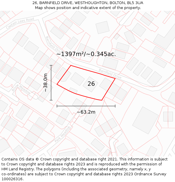 26, BARNFIELD DRIVE, WESTHOUGHTON, BOLTON, BL5 3UA: Plot and title map