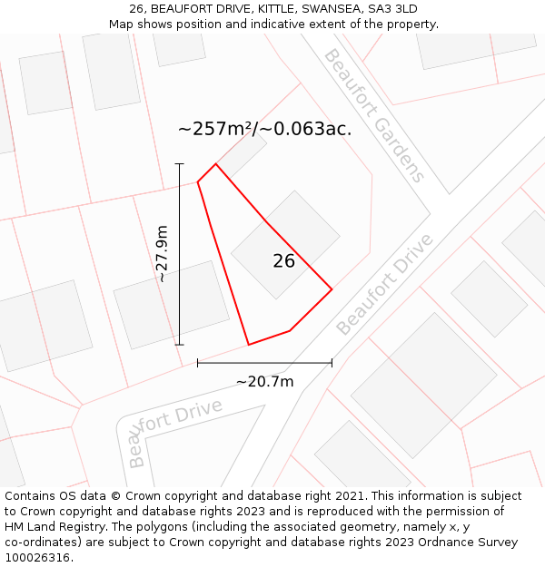26, BEAUFORT DRIVE, KITTLE, SWANSEA, SA3 3LD: Plot and title map