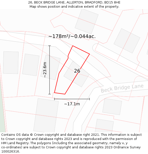 26, BECK BRIDGE LANE, ALLERTON, BRADFORD, BD15 8HE: Plot and title map