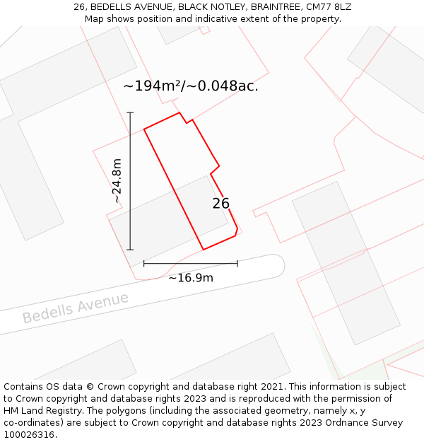 26, BEDELLS AVENUE, BLACK NOTLEY, BRAINTREE, CM77 8LZ: Plot and title map