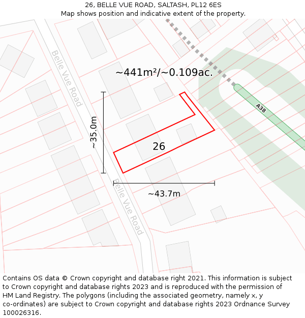 26, BELLE VUE ROAD, SALTASH, PL12 6ES: Plot and title map