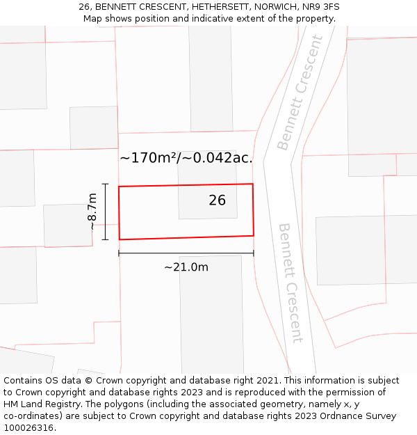 26, BENNETT CRESCENT, HETHERSETT, NORWICH, NR9 3FS: Plot and title map