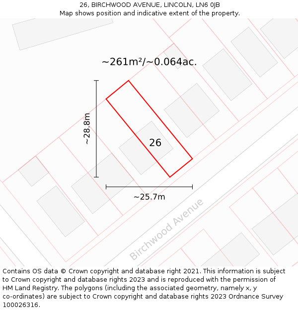 26, BIRCHWOOD AVENUE, LINCOLN, LN6 0JB: Plot and title map