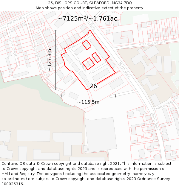 26, BISHOPS COURT, SLEAFORD, NG34 7BQ: Plot and title map