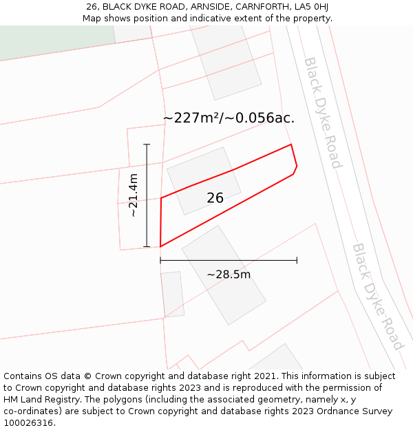 26, BLACK DYKE ROAD, ARNSIDE, CARNFORTH, LA5 0HJ: Plot and title map