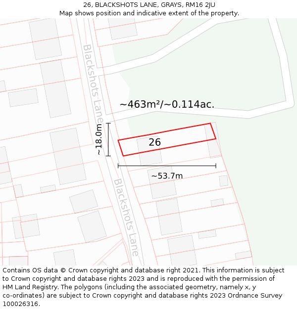 26, BLACKSHOTS LANE, GRAYS, RM16 2JU: Plot and title map