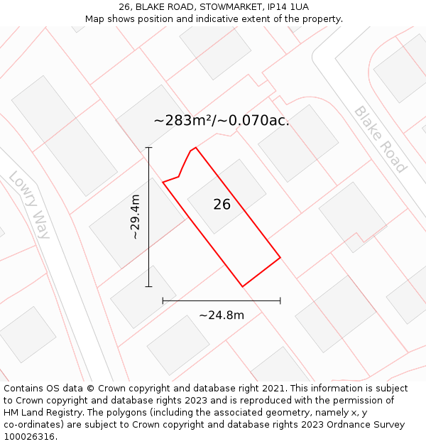 26, BLAKE ROAD, STOWMARKET, IP14 1UA: Plot and title map