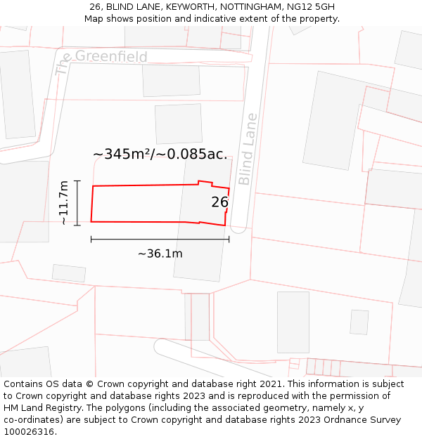 26, BLIND LANE, KEYWORTH, NOTTINGHAM, NG12 5GH: Plot and title map