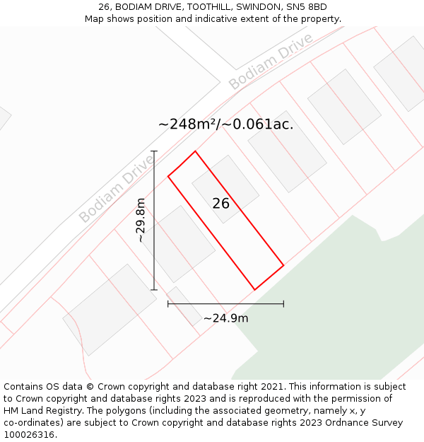 26, BODIAM DRIVE, TOOTHILL, SWINDON, SN5 8BD: Plot and title map