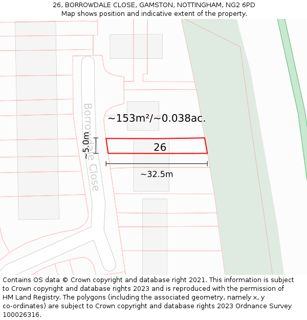 26, BORROWDALE CLOSE, GAMSTON, NOTTINGHAM, NG2 6PD: Plot and title map