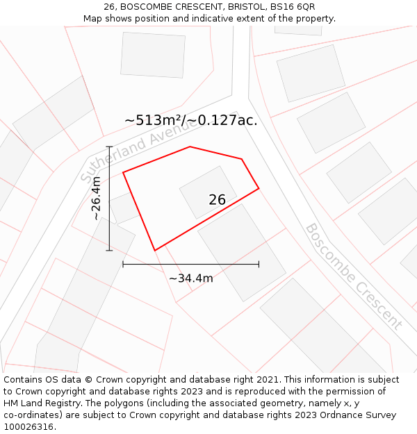 26, BOSCOMBE CRESCENT, BRISTOL, BS16 6QR: Plot and title map