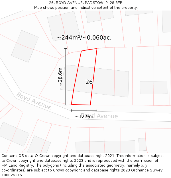 26, BOYD AVENUE, PADSTOW, PL28 8ER: Plot and title map