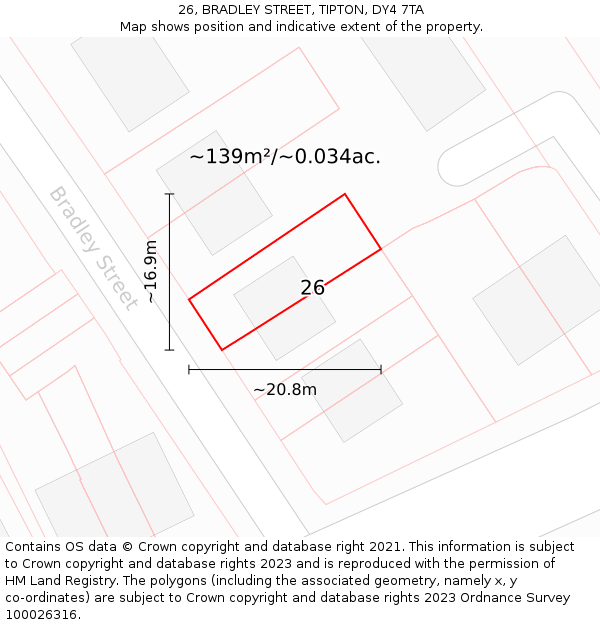 26, BRADLEY STREET, TIPTON, DY4 7TA: Plot and title map