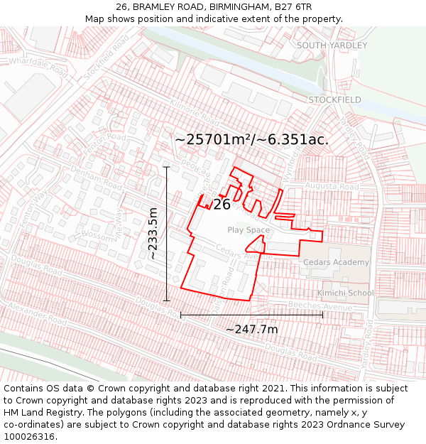 26, BRAMLEY ROAD, BIRMINGHAM, B27 6TR: Plot and title map