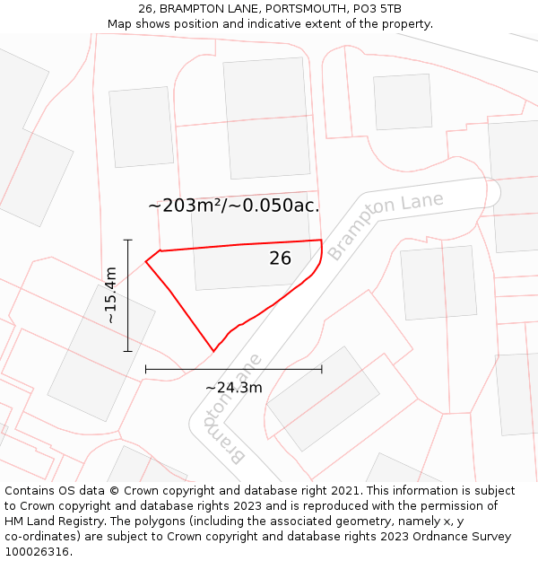 26, BRAMPTON LANE, PORTSMOUTH, PO3 5TB: Plot and title map