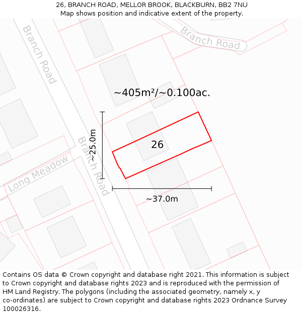 26, BRANCH ROAD, MELLOR BROOK, BLACKBURN, BB2 7NU: Plot and title map