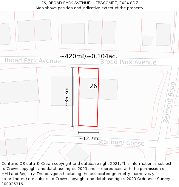 26, BROAD PARK AVENUE, ILFRACOMBE, EX34 8DZ: Plot and title map