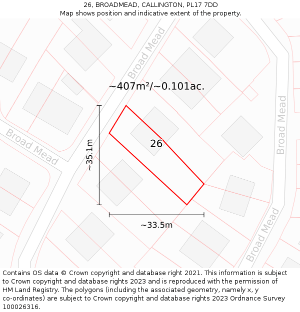 26, BROADMEAD, CALLINGTON, PL17 7DD: Plot and title map