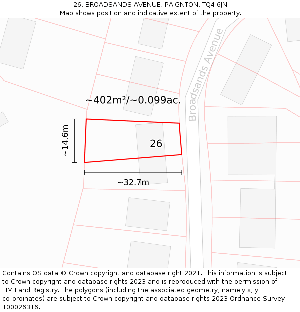 26, BROADSANDS AVENUE, PAIGNTON, TQ4 6JN: Plot and title map