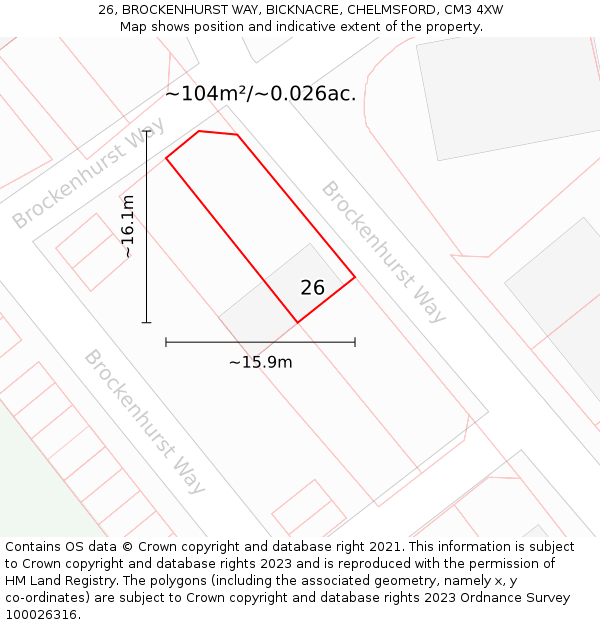 26, BROCKENHURST WAY, BICKNACRE, CHELMSFORD, CM3 4XW: Plot and title map