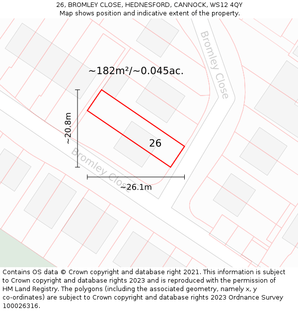 26, BROMLEY CLOSE, HEDNESFORD, CANNOCK, WS12 4QY: Plot and title map