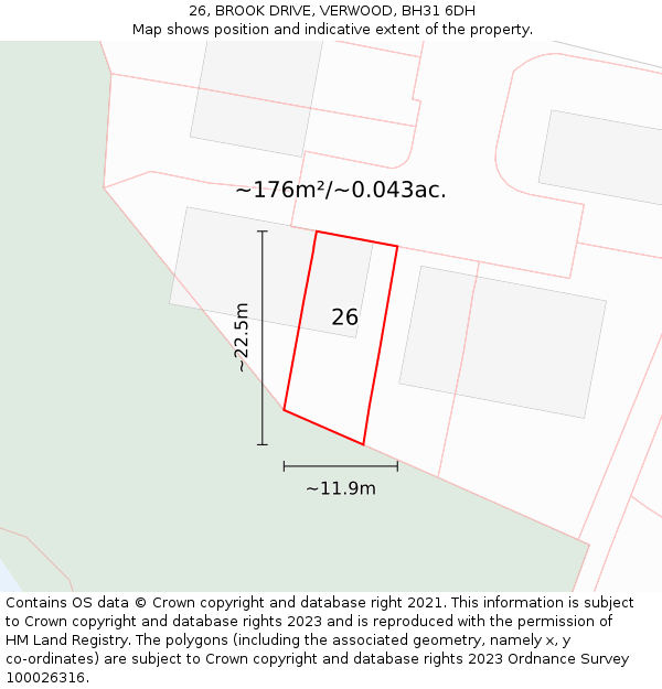 26, BROOK DRIVE, VERWOOD, BH31 6DH: Plot and title map