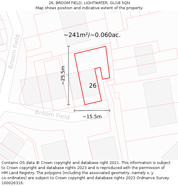 26, BROOM FIELD, LIGHTWATER, GU18 5QN: Plot and title map