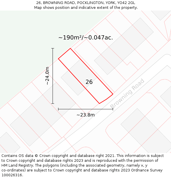 26, BROWNING ROAD, POCKLINGTON, YORK, YO42 2GL: Plot and title map