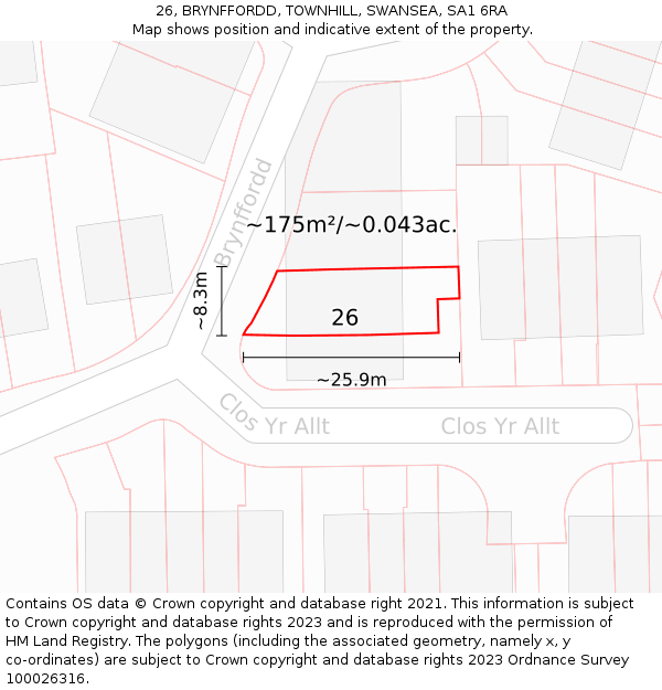 26, BRYNFFORDD, TOWNHILL, SWANSEA, SA1 6RA: Plot and title map