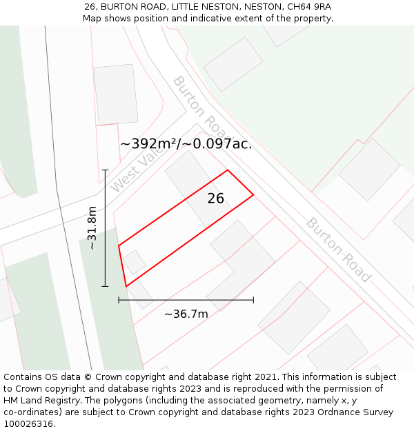 26, BURTON ROAD, LITTLE NESTON, NESTON, CH64 9RA: Plot and title map