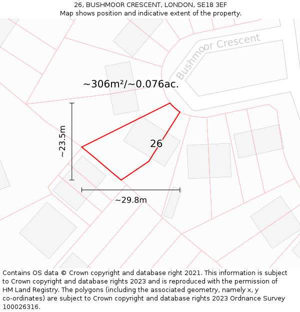 26, BUSHMOOR CRESCENT, LONDON, SE18 3EF: Plot and title map