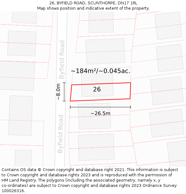 26, BYFIELD ROAD, SCUNTHORPE, DN17 1RL: Plot and title map