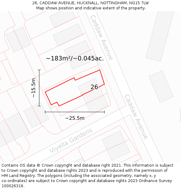 26, CADDAW AVENUE, HUCKNALL, NOTTINGHAM, NG15 7LW: Plot and title map