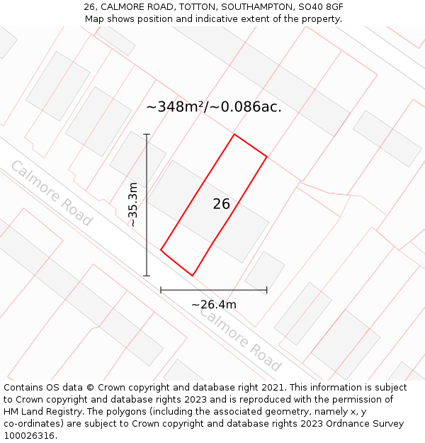 26, CALMORE ROAD, TOTTON, SOUTHAMPTON, SO40 8GF: Plot and title map