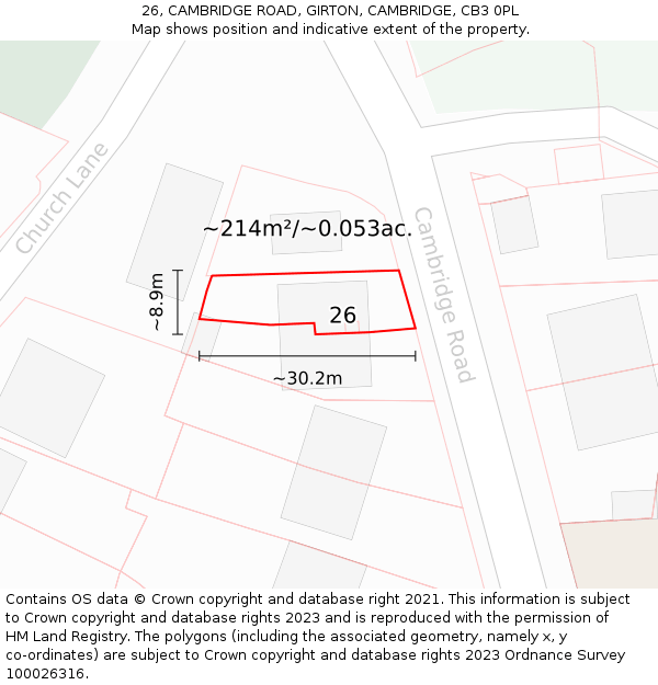 26, CAMBRIDGE ROAD, GIRTON, CAMBRIDGE, CB3 0PL: Plot and title map