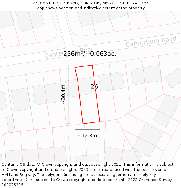 26, CANTERBURY ROAD, URMSTON, MANCHESTER, M41 7AX: Plot and title map