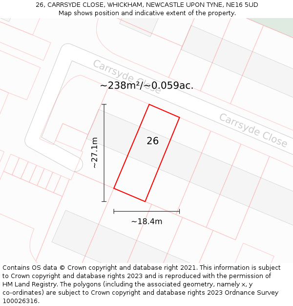 26, CARRSYDE CLOSE, WHICKHAM, NEWCASTLE UPON TYNE, NE16 5UD: Plot and title map