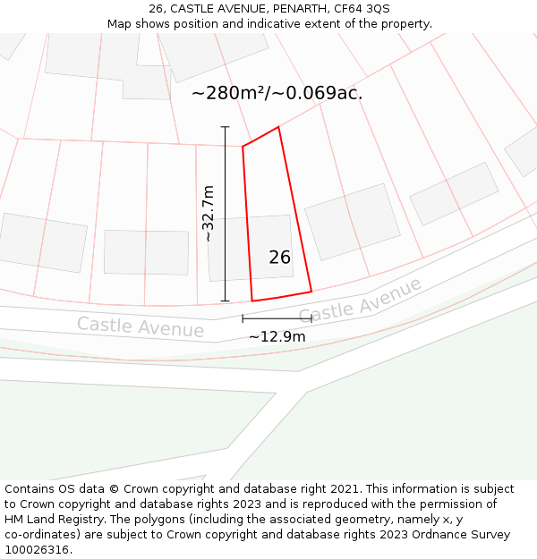 26, CASTLE AVENUE, PENARTH, CF64 3QS: Plot and title map