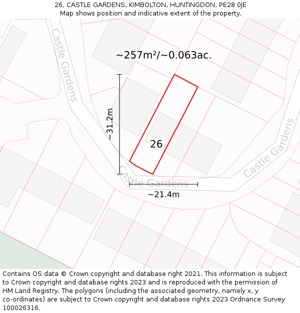 26, CASTLE GARDENS, KIMBOLTON, HUNTINGDON, PE28 0JE: Plot and title map