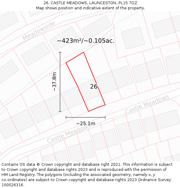 26, CASTLE MEADOWS, LAUNCESTON, PL15 7DZ: Plot and title map