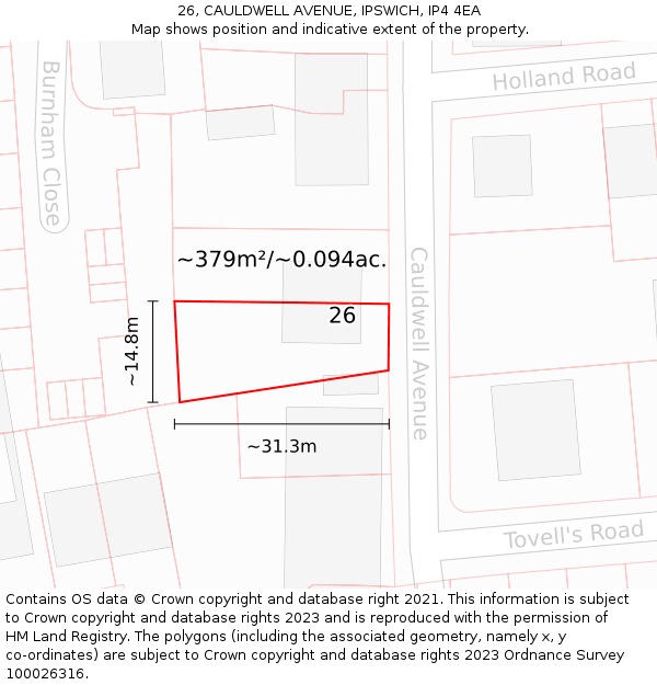 26, CAULDWELL AVENUE, IPSWICH, IP4 4EA: Plot and title map