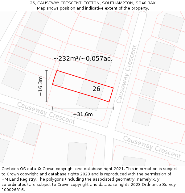 26, CAUSEWAY CRESCENT, TOTTON, SOUTHAMPTON, SO40 3AX: Plot and title map