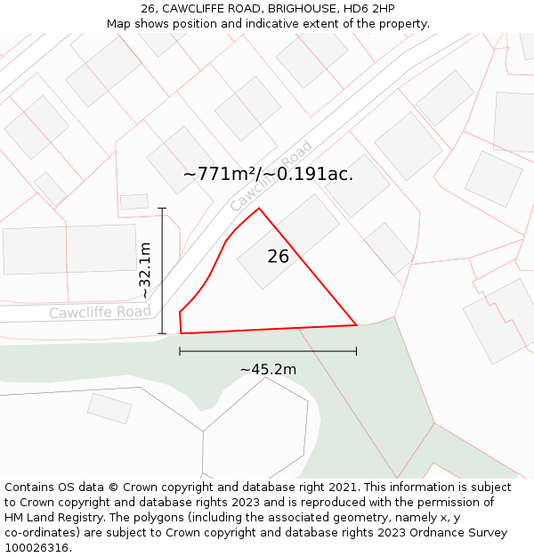 26, CAWCLIFFE ROAD, BRIGHOUSE, HD6 2HP: Plot and title map