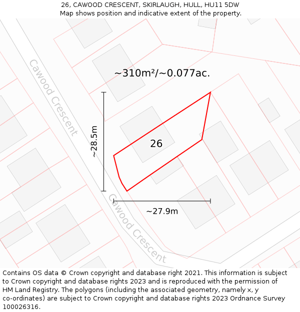 26, CAWOOD CRESCENT, SKIRLAUGH, HULL, HU11 5DW: Plot and title map