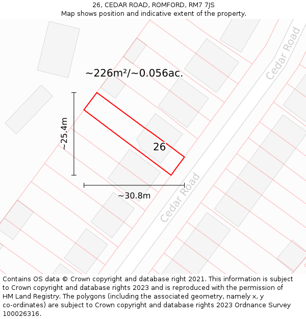 26, CEDAR ROAD, ROMFORD, RM7 7JS: Plot and title map