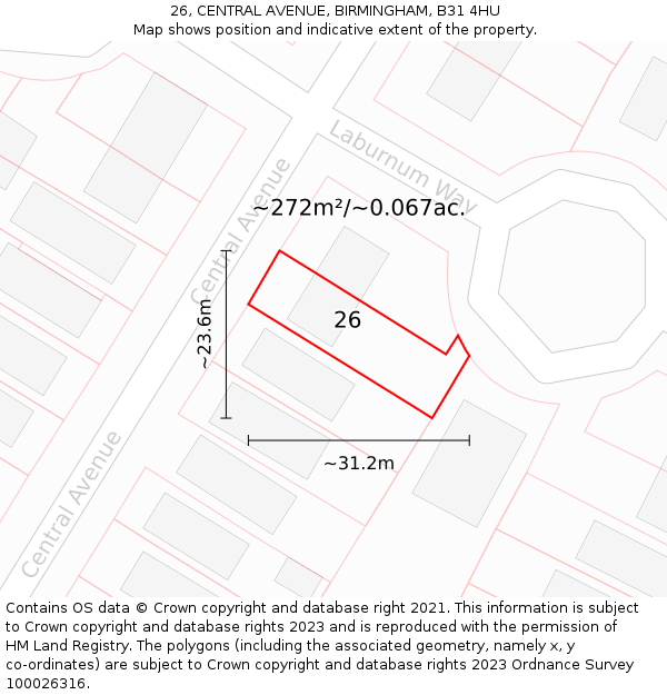 26, CENTRAL AVENUE, BIRMINGHAM, B31 4HU: Plot and title map