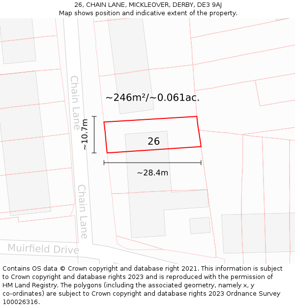 26, CHAIN LANE, MICKLEOVER, DERBY, DE3 9AJ: Plot and title map