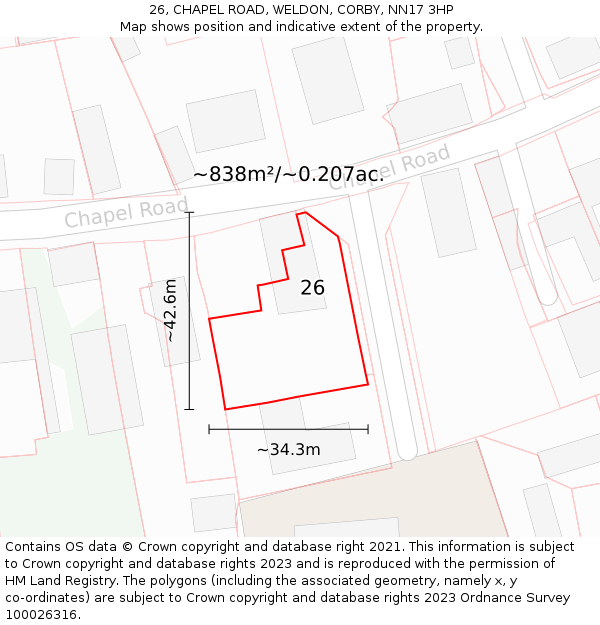 26, CHAPEL ROAD, WELDON, CORBY, NN17 3HP: Plot and title map