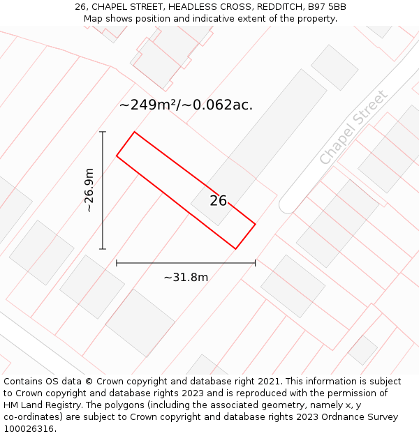 26, CHAPEL STREET, HEADLESS CROSS, REDDITCH, B97 5BB: Plot and title map